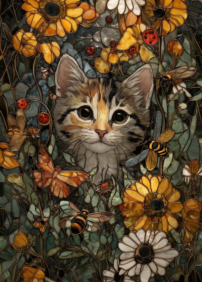 Cat in Floral Stained Glass Style