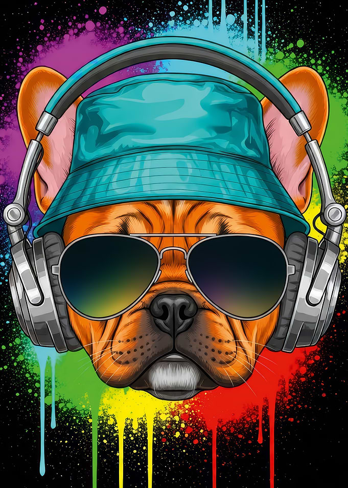 Cool Bulldog with Headphones and Hat