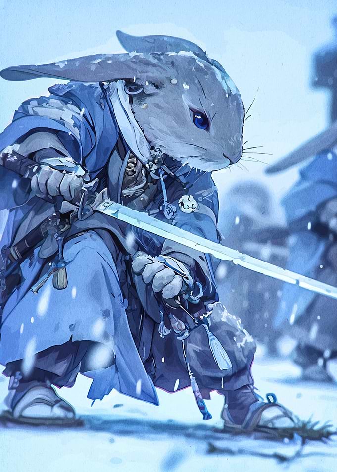 Rabbit Samurai in Snowy Landscape