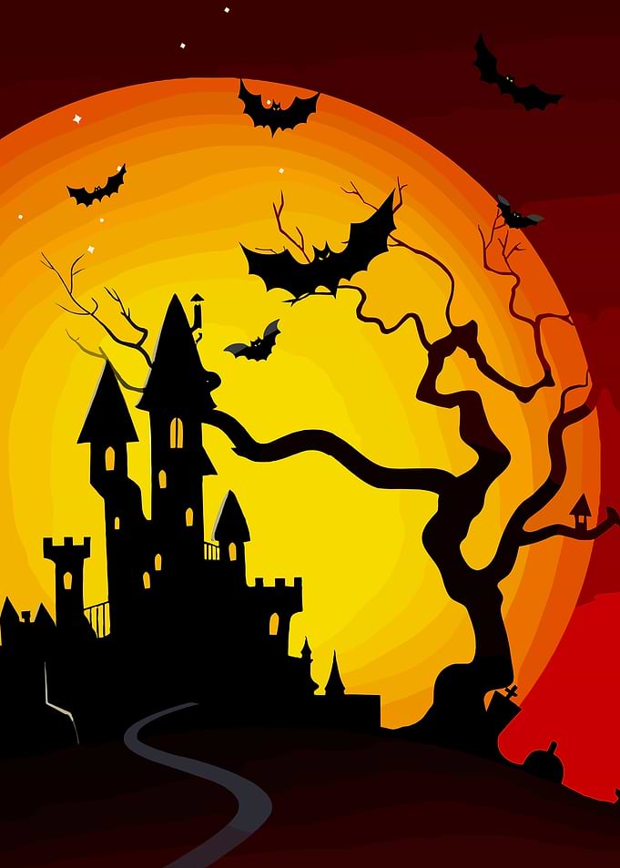 Halloween Castle with Bats and Moon