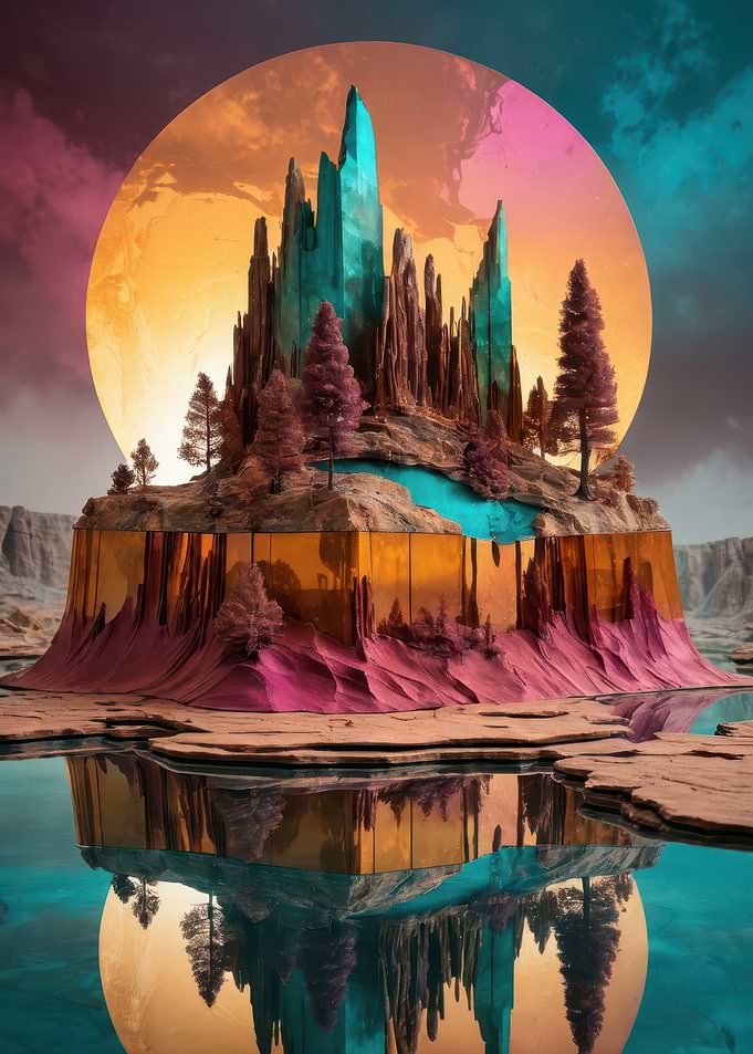 Crystal Island at Sunset — Surreal Floating Landscape Print