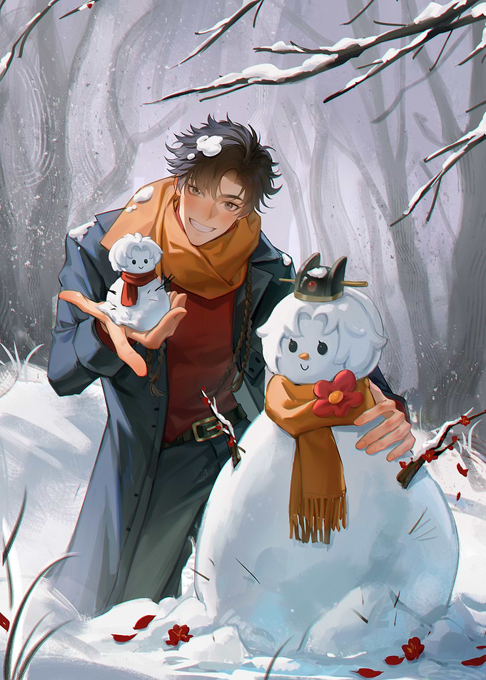 Man with Snowmen in Winter Scene