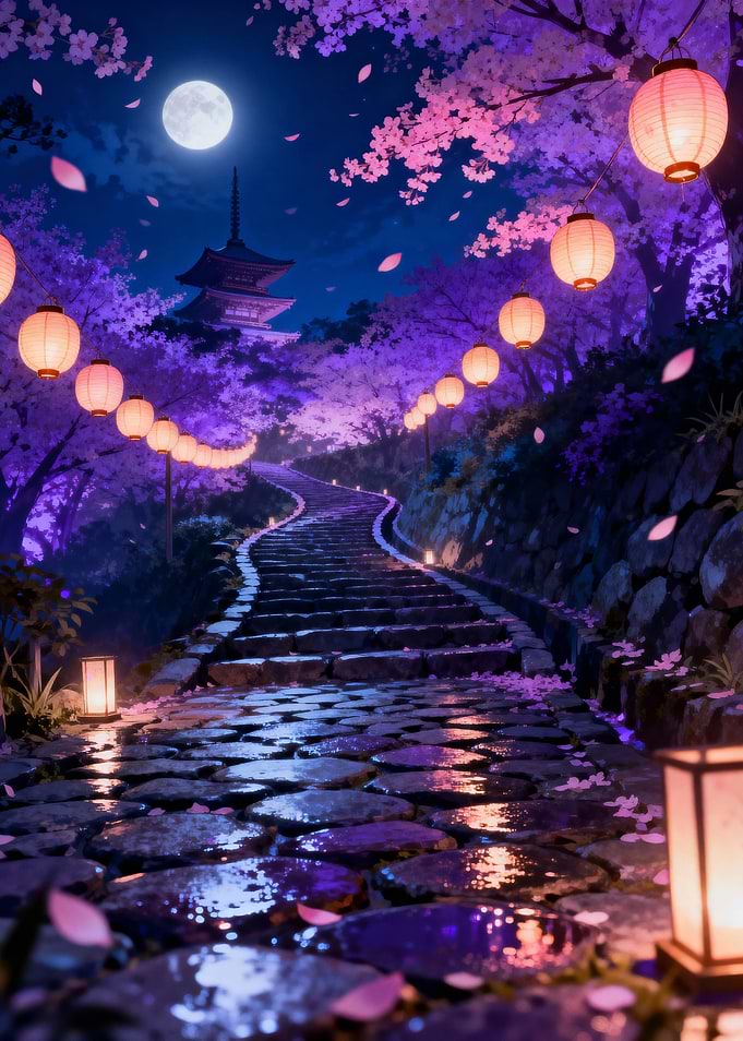 Japanese Temple Path at Night