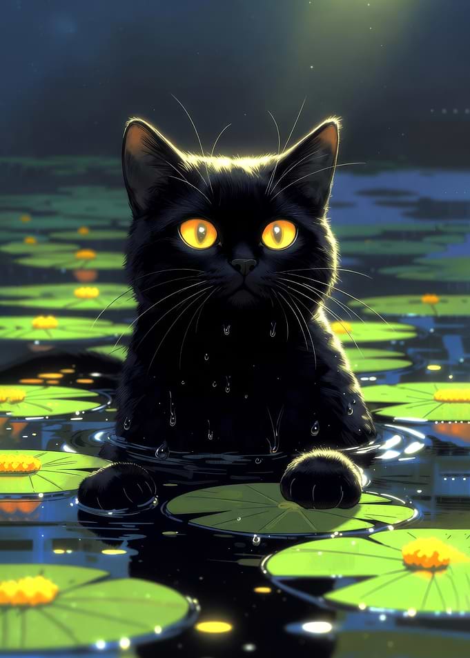 Midnight Hunter: Black Cat with Glowing Eyes in Water Lilies