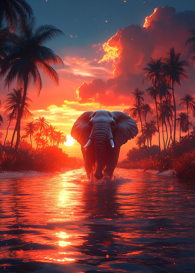 Elephant walking through water at sunset