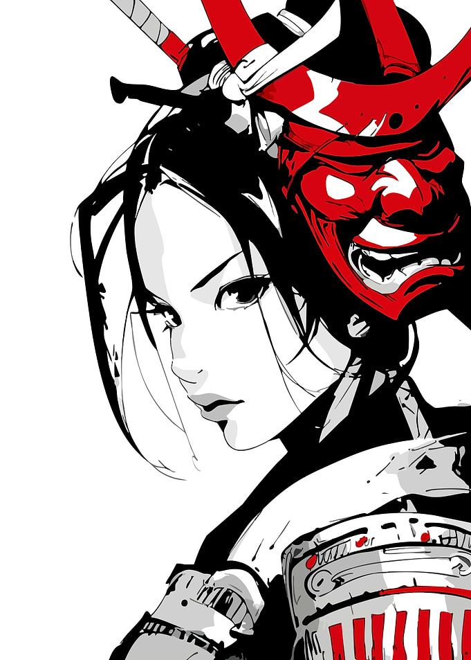 Geisha with Oni Mask Illustration