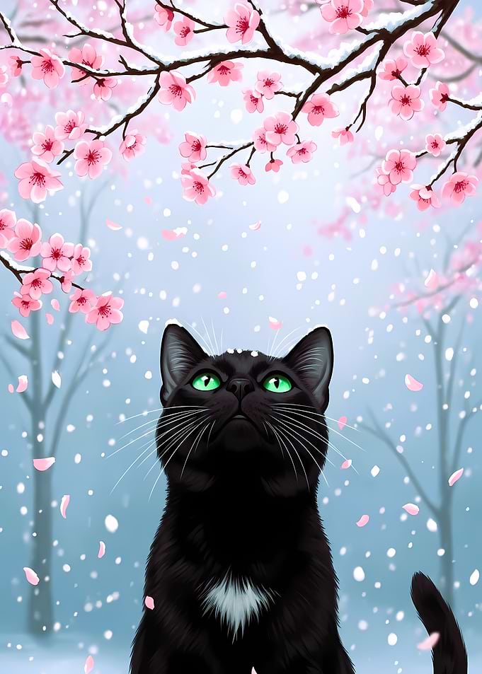 Black Cat Under Cherry Blossoms