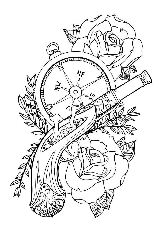 Compass, Pistol, and Roses Line Art