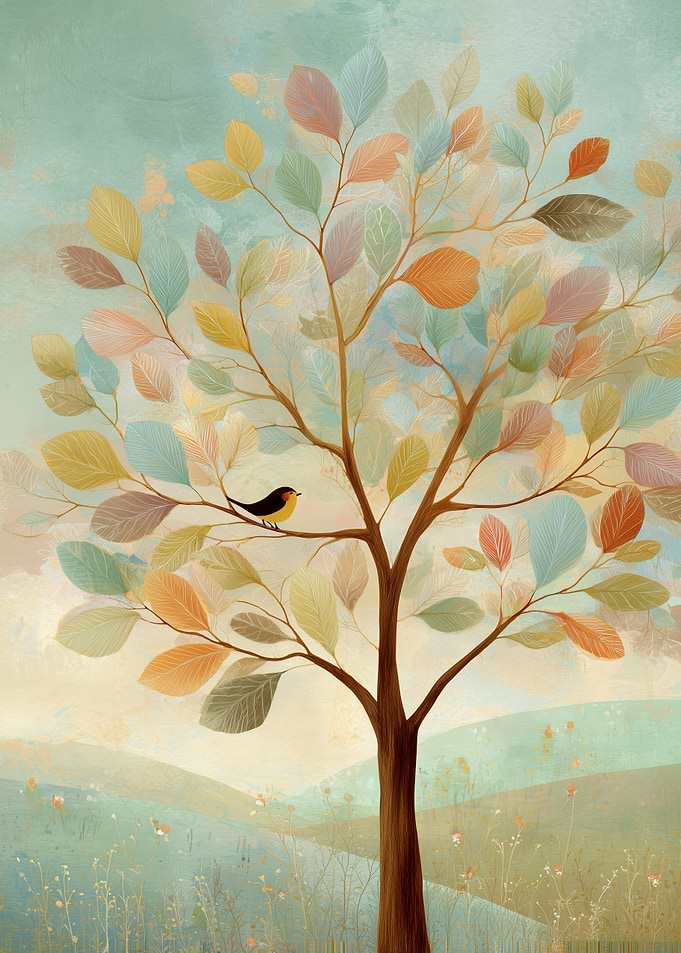 Pastel Tree with Bird