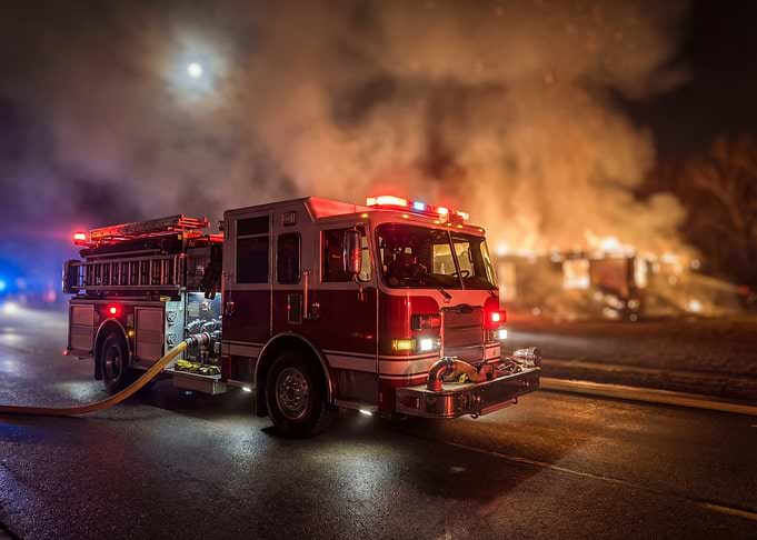 Firetruck at Night Fire Scene