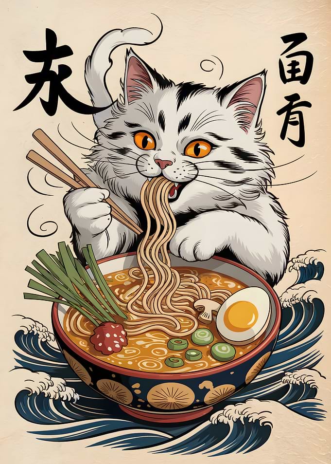 Cat Eating Ramen Bowl Illustration