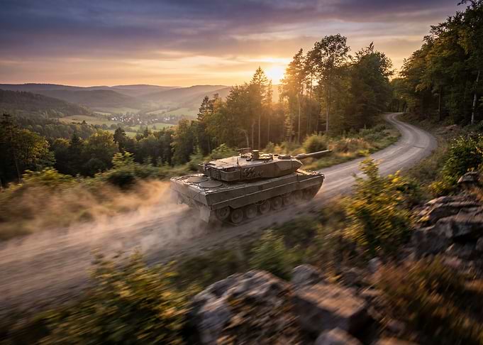 Leopard 2 Tank on a road at sunset