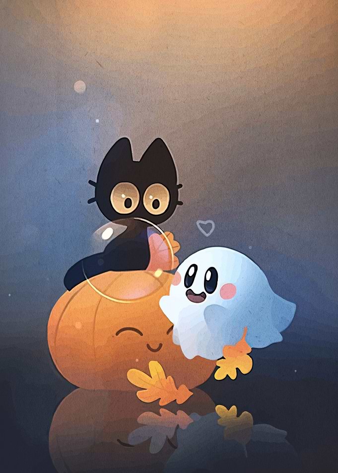 Cute Halloween Cat, Pumpkin, and Ghost