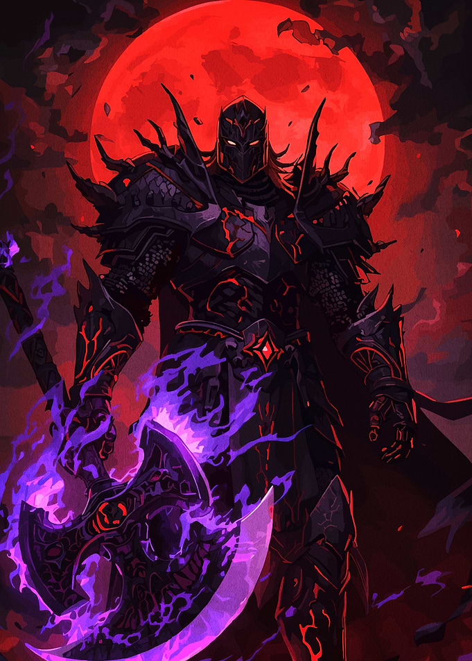 Dark Knight with Axe and Red Moon