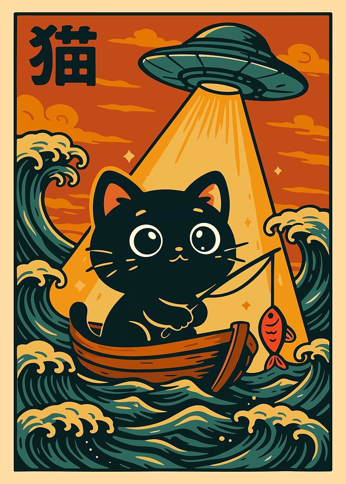 Cat Fishing UFO Poster Surreal Cat Wall Art Japanese Style Cute Sci Fi Print