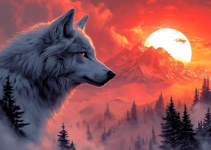 Wolf in a Fiery Landscape