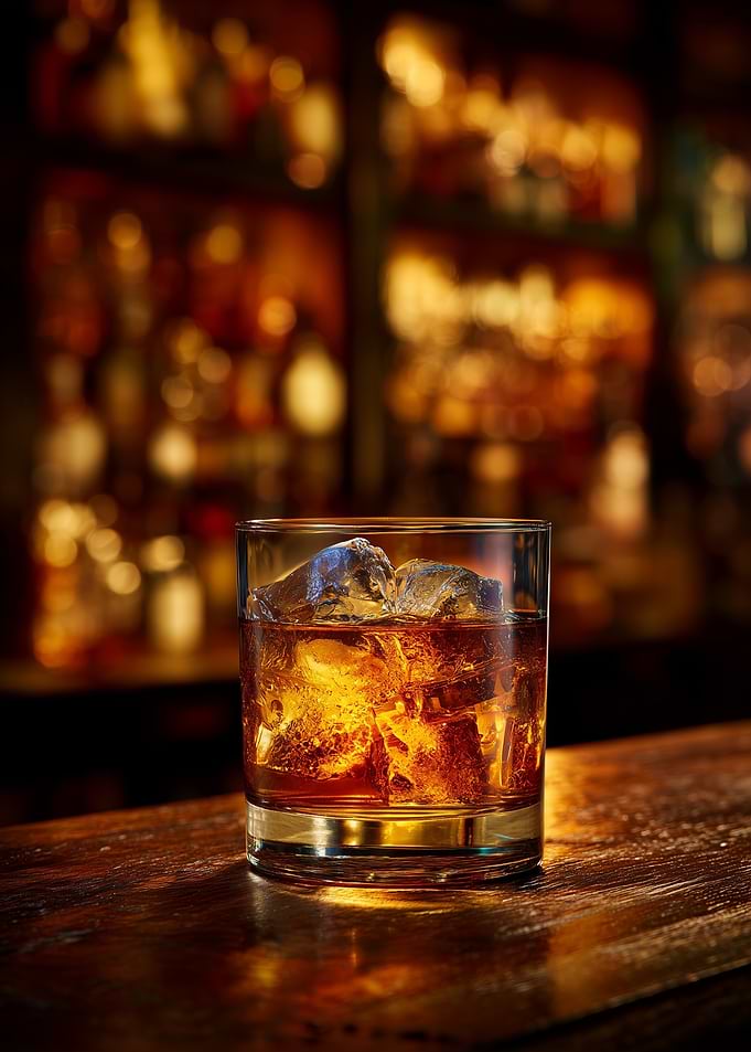 Whiskey on the rocks at bar