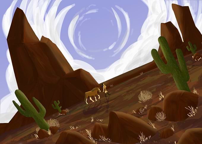Desert landscape with horse and rider