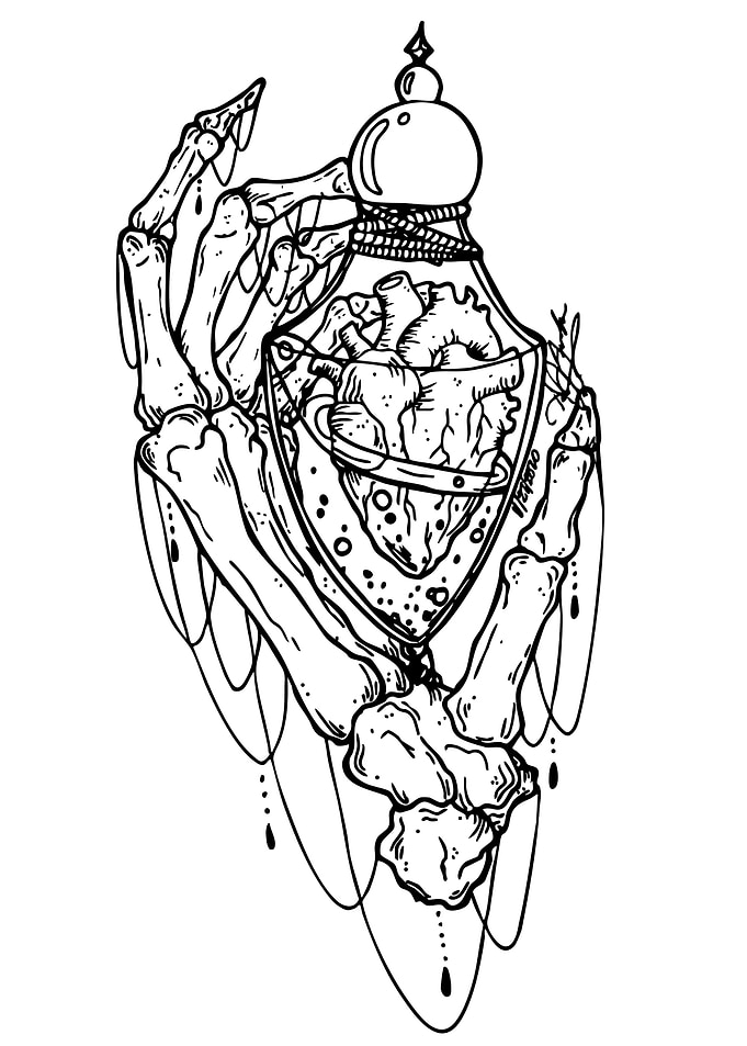Skeleton Hand Holding Heart in Jar