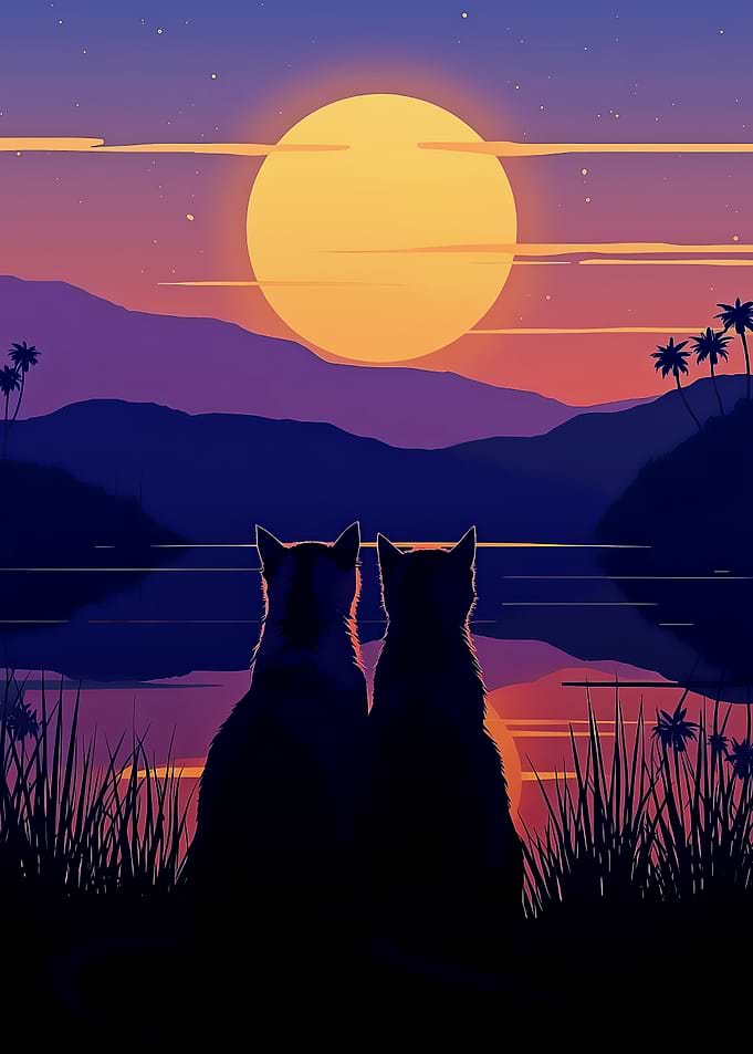 Cats Silhouetted Against Sunset Landscape