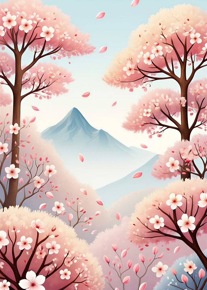 Cherry Blossom Landscape with Mountain