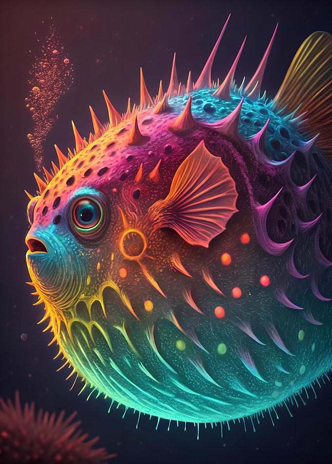 Colorful Pufferfish in Dark Water
