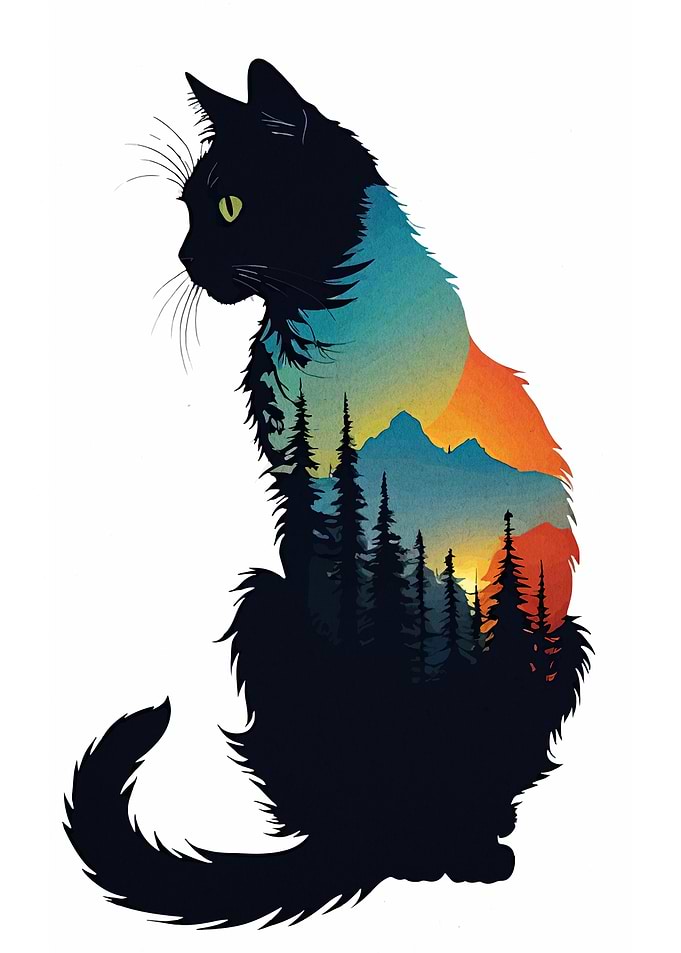 Cat Silhouette with Mountain Landscape