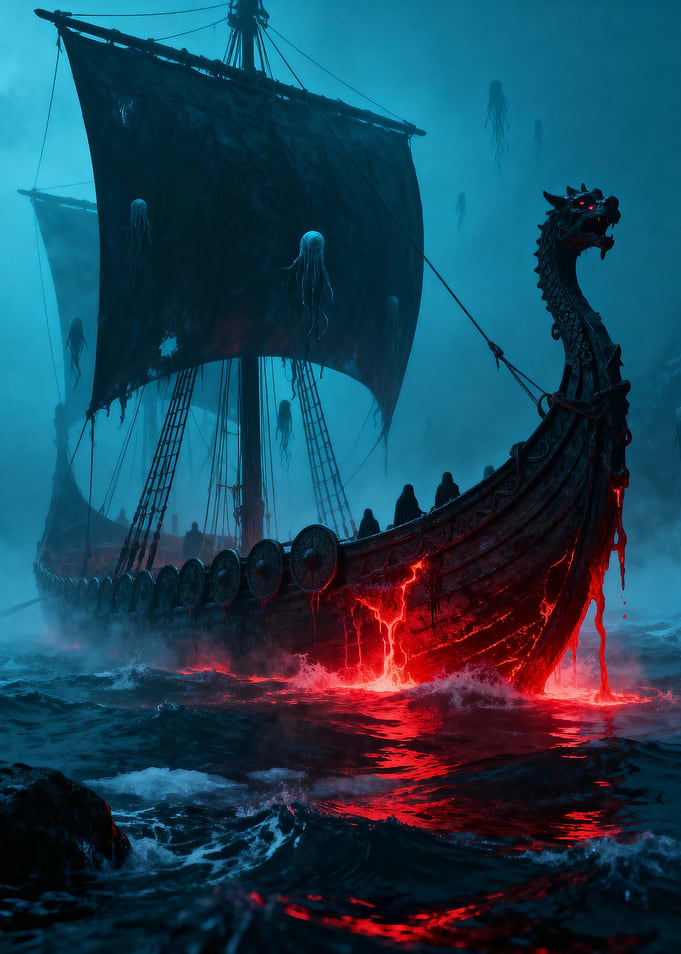 Ghostly Viking Ship on Fiery Sea