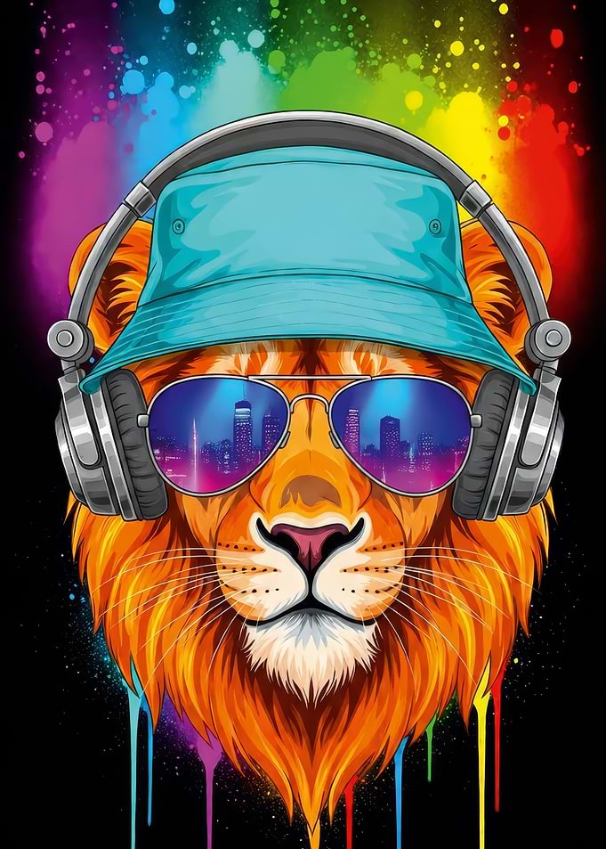 Lion with Headphones and Bucket Hat