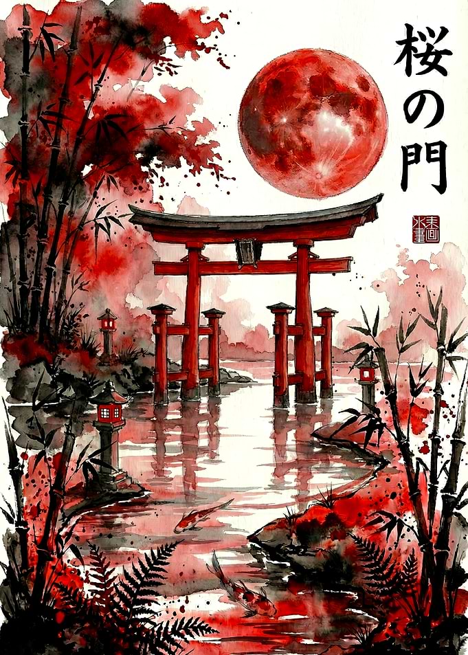 Japanese Torii Gate Watercolor Painting