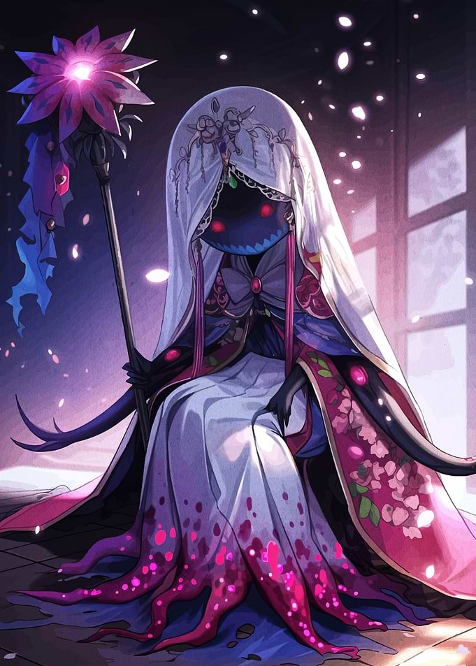 Mysterious hooded figure with floral staff
