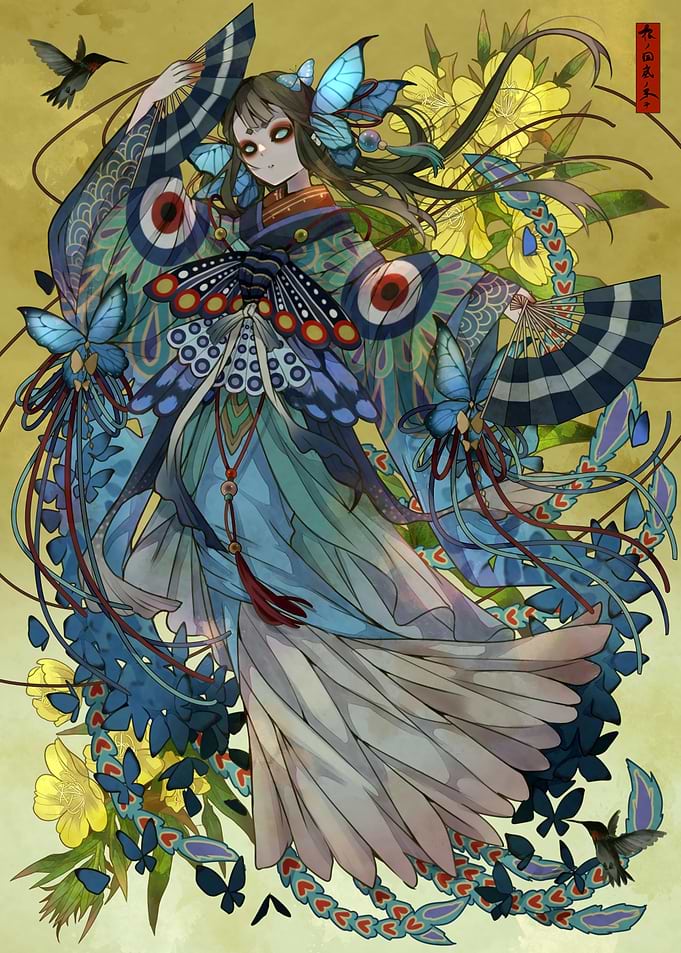 Butterfly Kimono Girl with Hummingbird