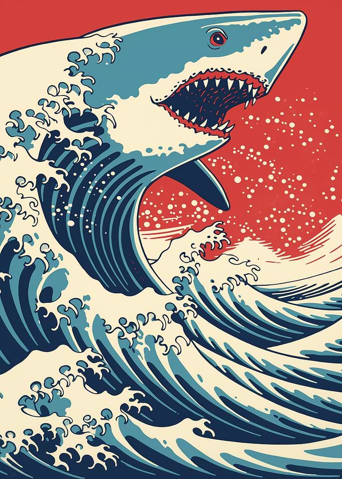 The Great Shark of Kanagawa | Japan Ukiyo-e Style Woodcut