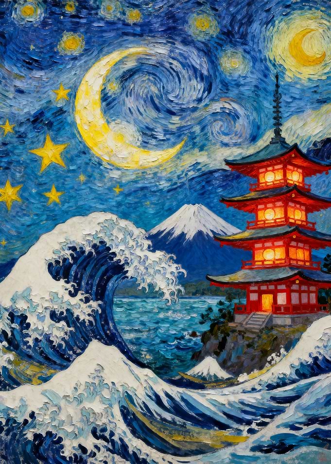 Japanese Pagoda Under Starry Night Painting