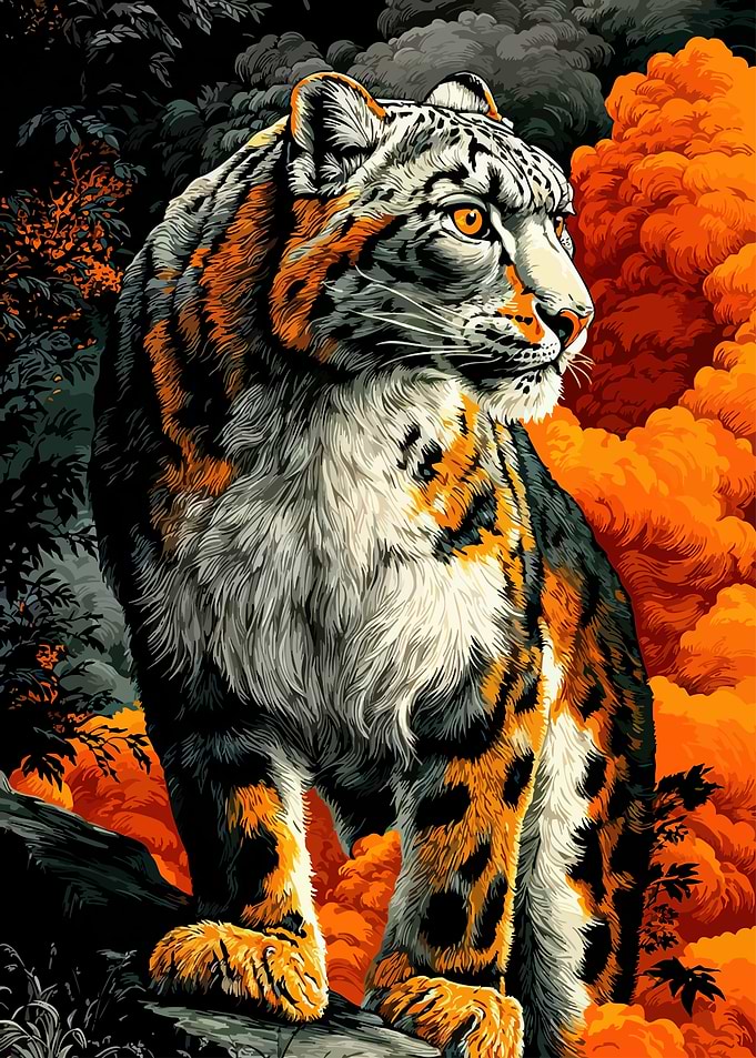 Snow Leopard Portrait with Fiery Background