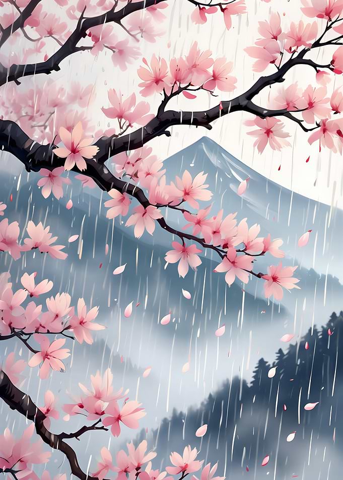 Cherry Blossoms in Rain with Mountain