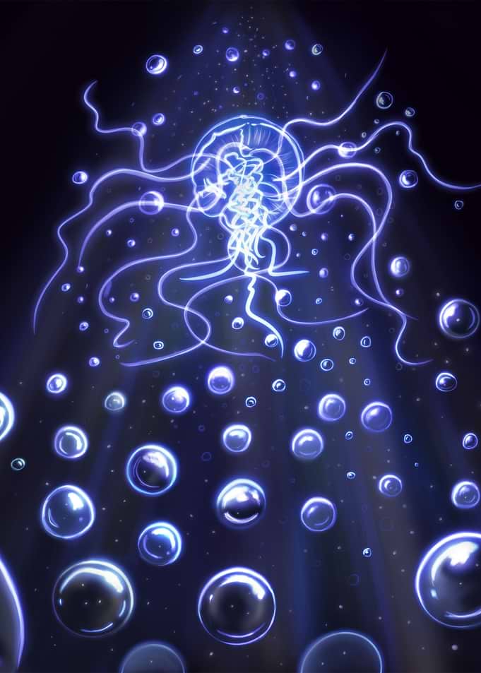 Glowing Jellyfish and Bubbles in Dark
