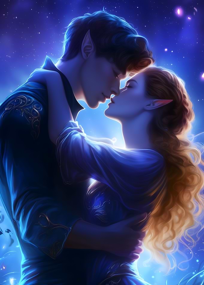 Elven Couple Embrace in Starlight