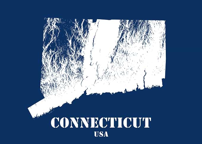 Connecticut USA State Minimalist White Topographic Contour Map featuring terrain on navy blue background