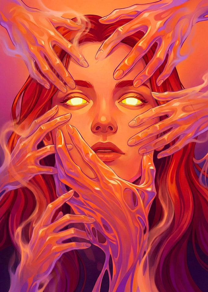 Woman with Glowing Eyes and Hands