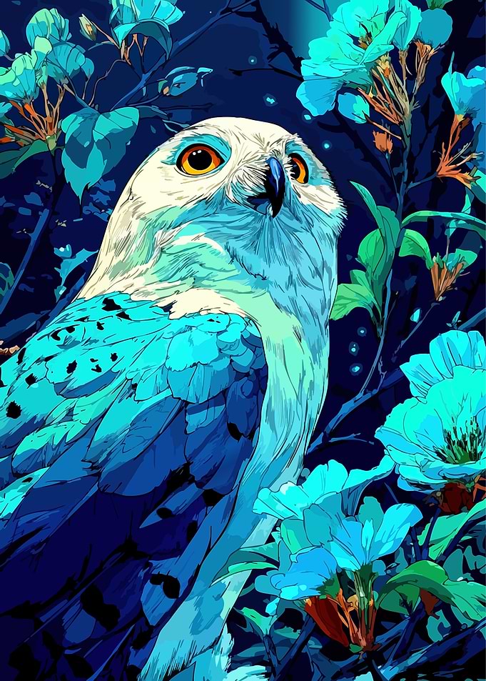 Stylized Owl Portrait with Floral Accents