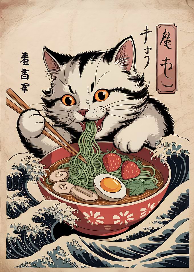 Cat eating ramen with chopsticks art