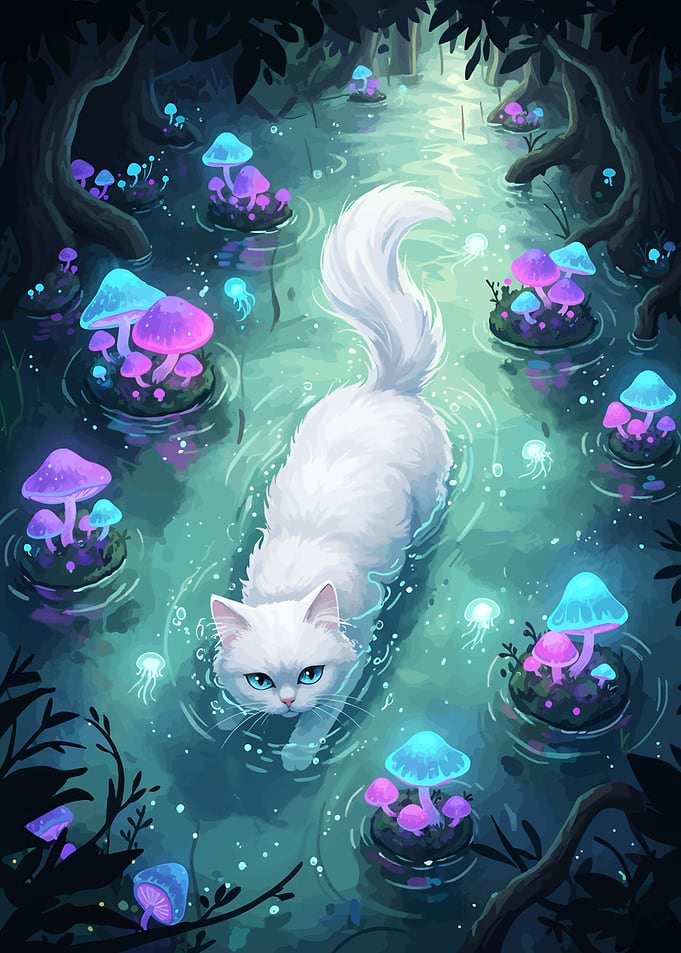 White Cat in Mushroom Forest Pond