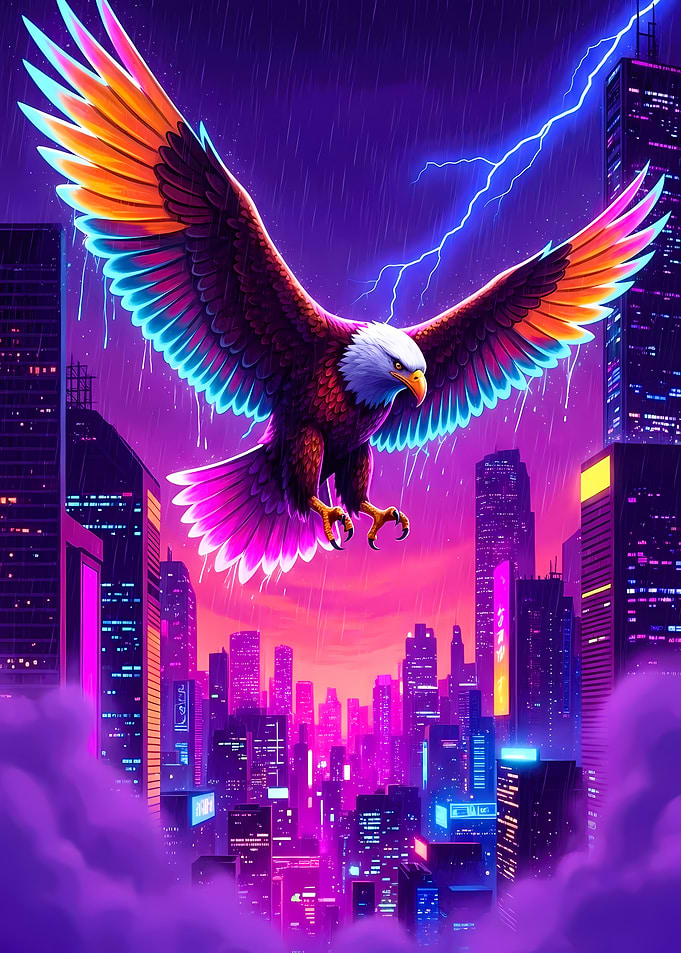 Cyberpunk Eagle Over Neon Cityscape