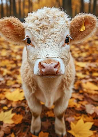 Cute Calf in Autumn Leaves