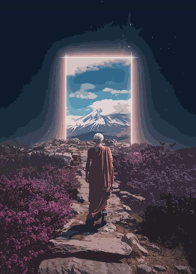Monk Walking Through Portal to Mountain
