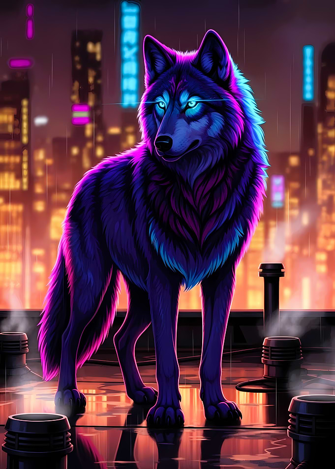 Cyberpunk Wolf on Rooftop