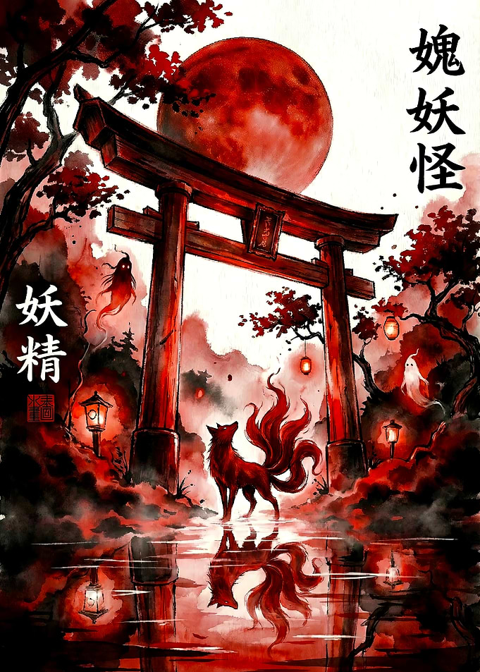 Nine-Tailed Fox Under Red Moon
