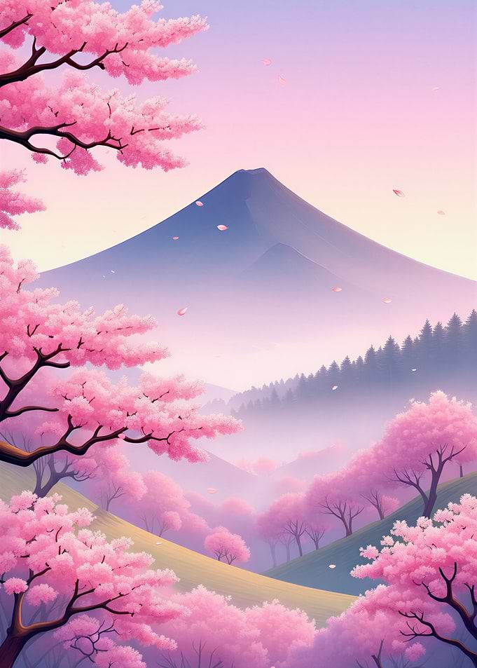 Cherry Blossoms and Mountain Landscape