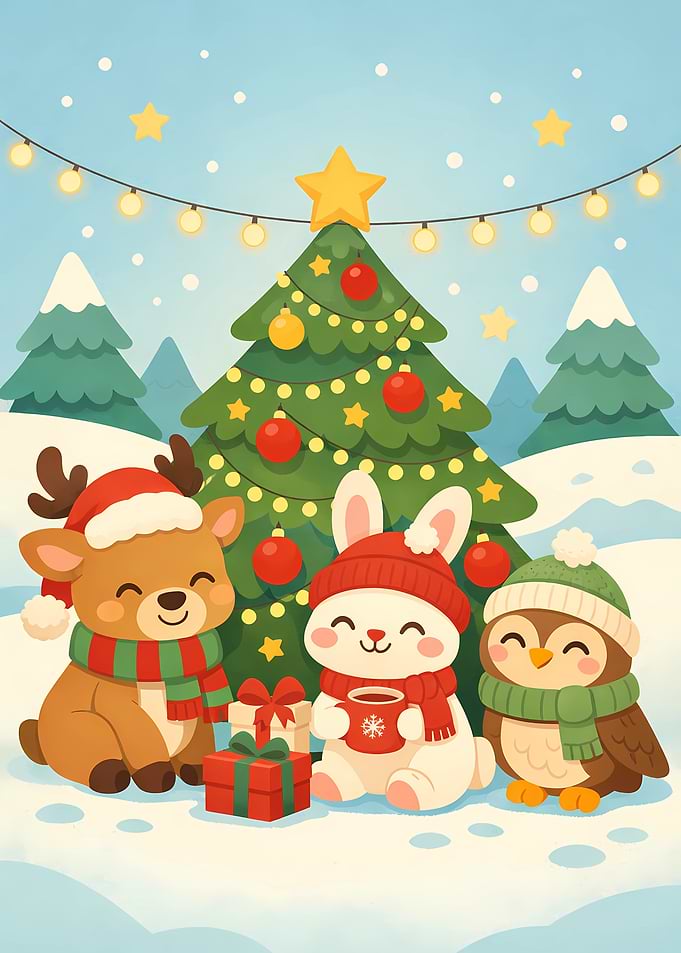 Christmas Animals with Tree and Gifts